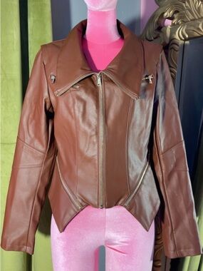Guess Brown Faux Leather Zip-Front Jacket